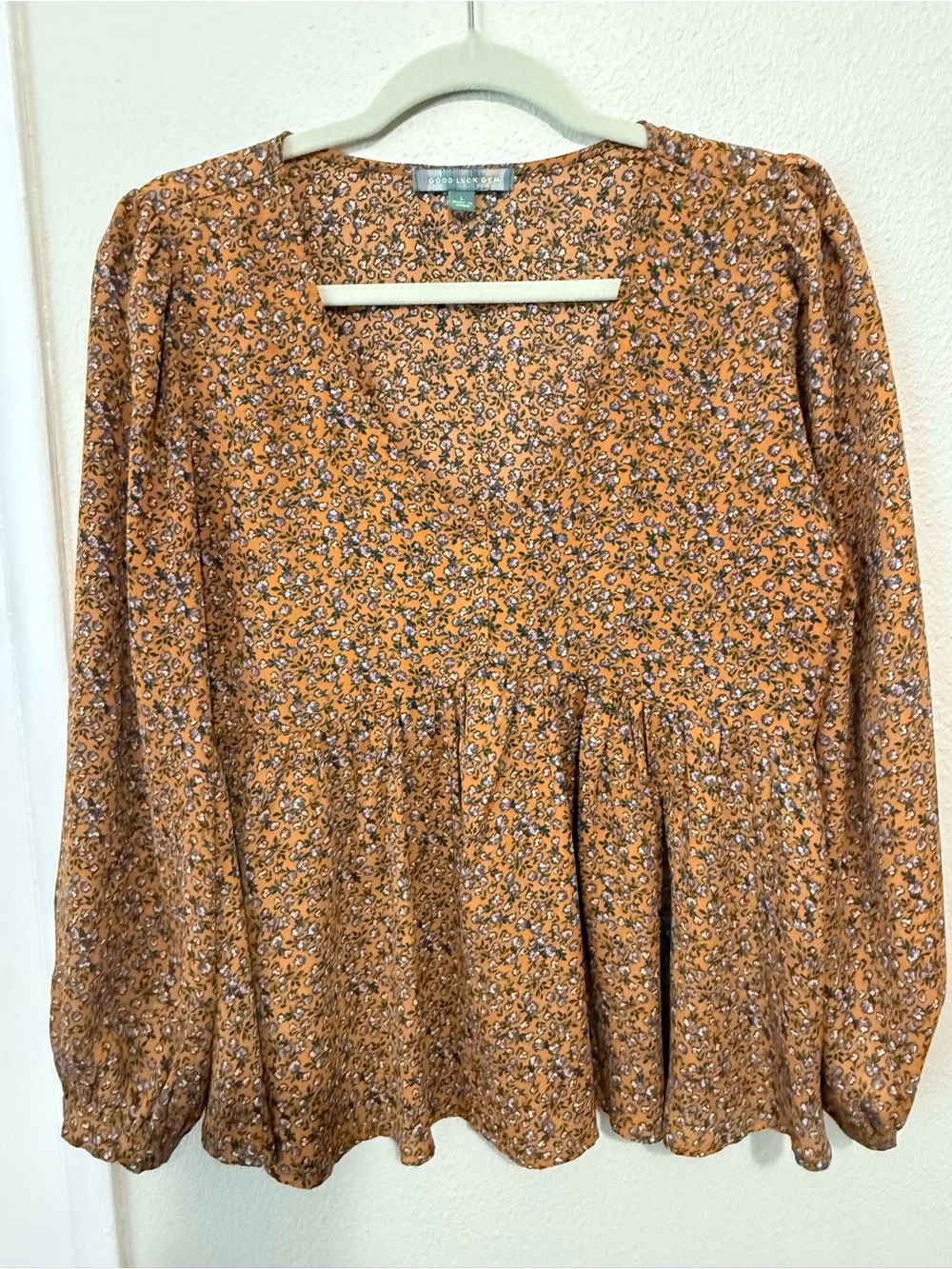 Good Luck Gem Mustard Floral Babydoll Blouse Size L Cottagecore